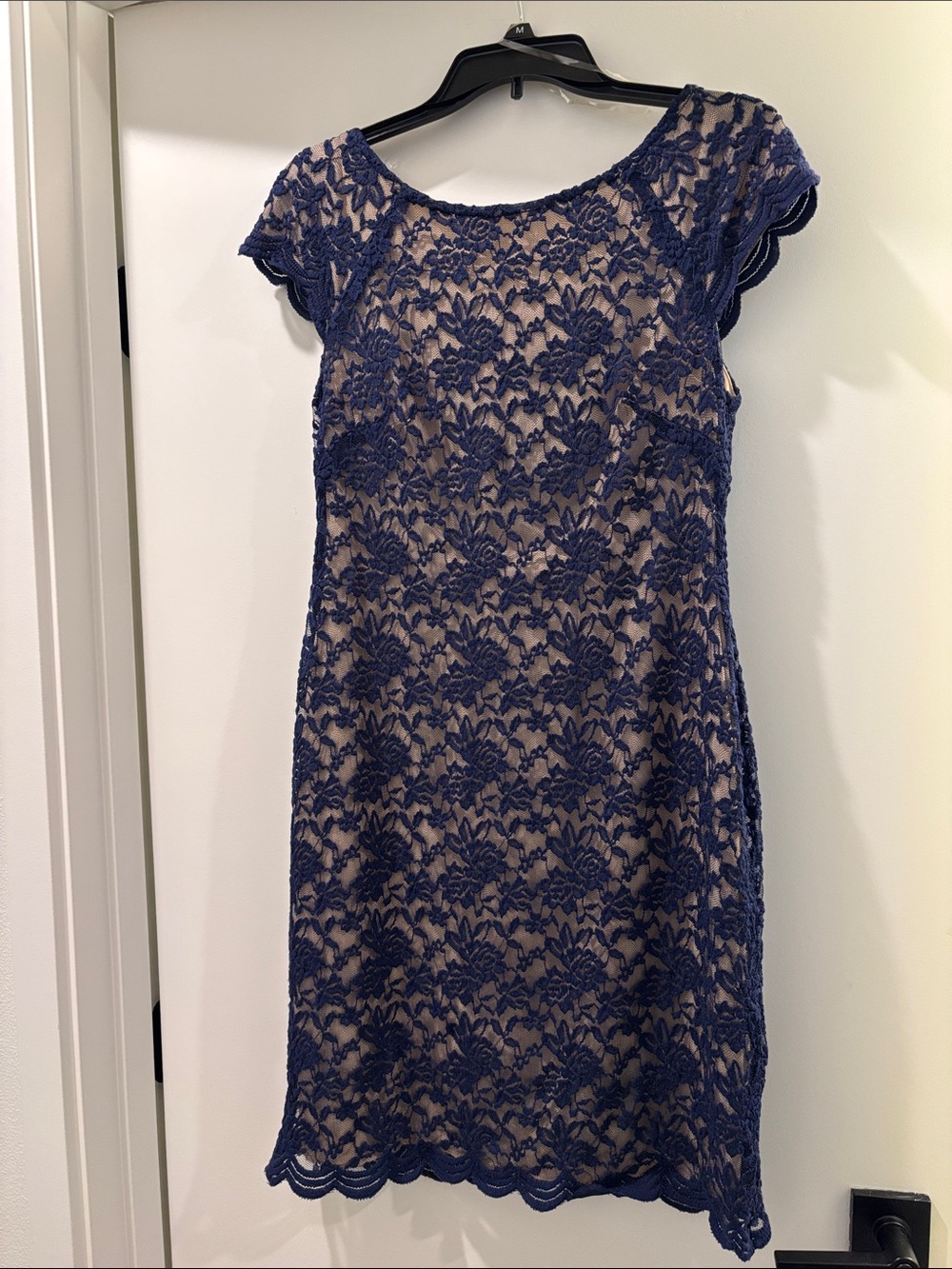 connected apparel Navy Lace Overlay Sheath Dress with Nude Lining